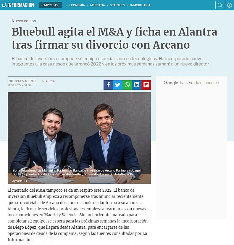 Bluebull agita el M&A y ficha en Alantra tras firmar su divorcio con Arcano
